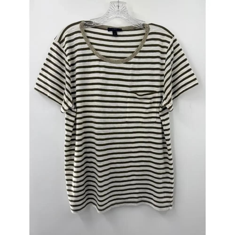J. Crew Women’s Short Sleeve Striped Tee Olive Ivory Metallic Collar Size XL